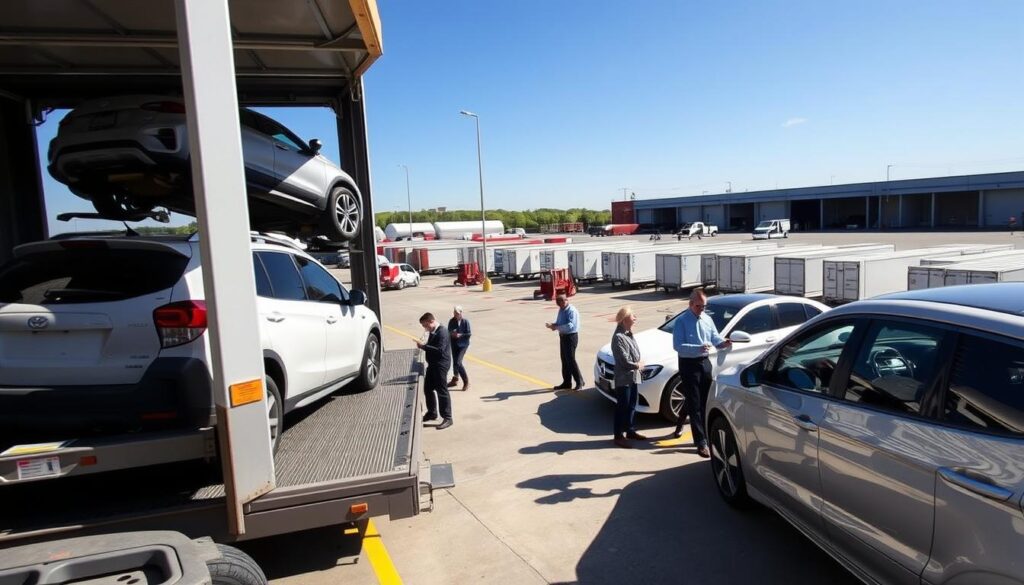 A detailed scene depicting the vehicle transport process, showcasing a modern car shipping terminal in Holland, Michigan. In the foreground, a well-organized loading area with a vehicle transport truck, gently lowering cars onto the platform. Middle ground features workers in professional business attire preparing vehicles for transport, using tools and inspecting them meticulously. The background consists of a clear blue sky and an expansive view of the terminal, with shipping containers and transport vehicles lined up. The scene is illuminated by natural sunlight, casting soft shadows that enhance the polished appearance of the cars. The overall mood is industrious and efficient, reflecting a smooth and professional vehicle transportation process. The image should be captured from a slightly elevated angle for a comprehensive view.