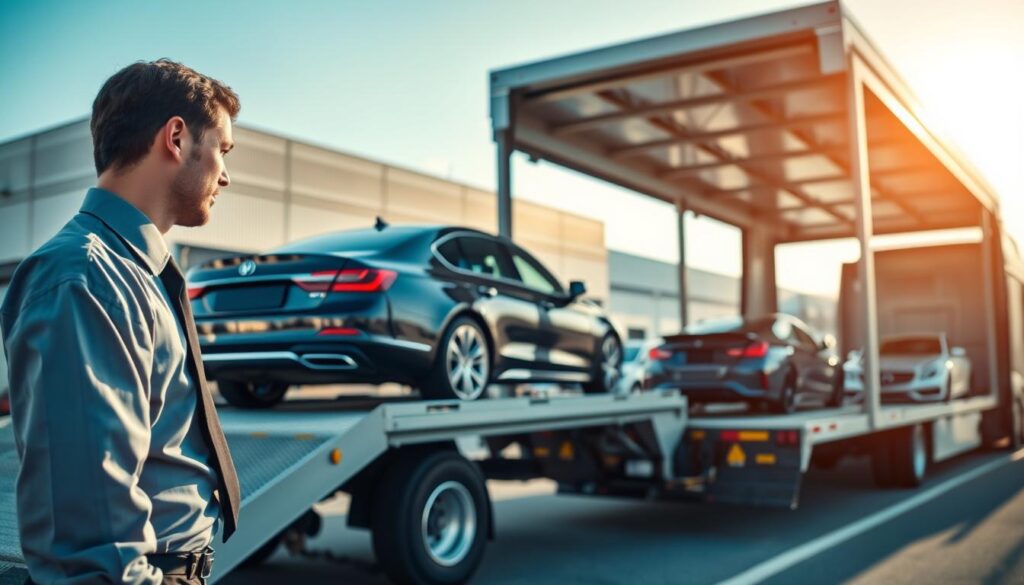 A detailed scene depicting the vehicle transport process. In the foreground, a professional driver in a neat uniform inspects a sleek black car on a transport trailer, ensuring it's securely loaded. The middle ground features a modern vehicle transport truck with an array of vehicles, including sedans and SUVs, ready for nationwide shipping. In the background, a transportation hub with warehouses and a clear blue sky, reflecting a bright, sunny day. Use soft, natural lighting to create an engaging atmosphere. The angle is slightly elevated, capturing the full scope of the transport process, highlighting efficiency and reliability. The overall mood is one of professionalism and organization, emphasizing the seamless operation of vehicle shipping services. A detailed scene depicting the vehicle transport process. In the foreground, a professional driver in a neat uniform inspects a sleek black car on a transport trailer, ensuring it's securely loaded. The middle ground features a modern vehicle transport truck with an array of vehicles, including sedans and SUVs, ready for nationwide shipping. In the background, a transportation hub with warehouses and a clear blue sky, reflecting a bright, sunny day. Use soft, natural lighting to create an engaging atmosphere. The angle is slightly elevated, capturing the full scope of the transport process, highlighting efficiency and reliability. The overall mood is one of professionalism and organization, emphasizing the seamless operation of vehicle shipping services.