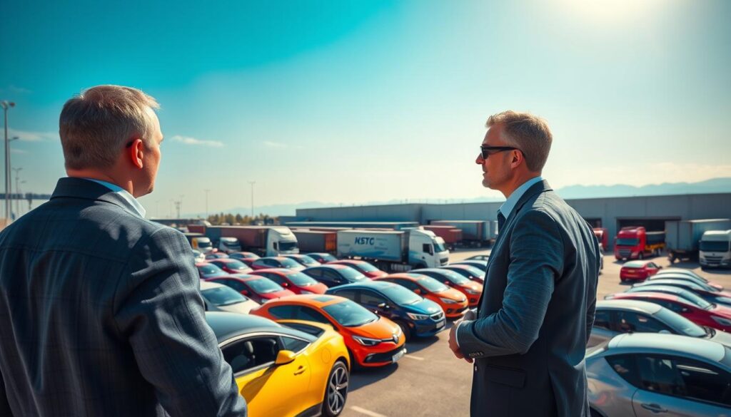 A detailed scene depicting vehicle logistics in a bustling automotive shipping yard. In the foreground, a professional logistics manager, dressed in business attire, oversees a fleet of brightly colored cars lined up for transport. The middle ground features an array of transport trucks, some loading vehicles and others parked, with a backdrop of a large warehouse and shipping containers. The sky above is clear and bright, signaling a sunny day, with soft overhead lighting that enhances the colors of the vehicles. In the background, distant mountains are barely visible, adding depth to the scene. The atmosphere conveys reliability and efficiency, emphasizing the commitment to secure vehicle logistics.
