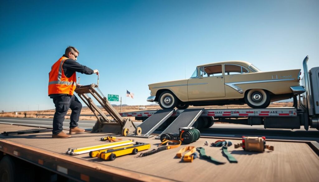 A detailed scene featuring specialized equipment for transporting non-running vehicles. In the foreground, a professional technician is using a hydraulic car dolly, meticulously aligning it with a vintage car on a flatbed truck. In the middle ground, various tools including ramps, securing straps, and portable winches are arranged neatly, emphasizing the careful planning involved in the transport process. The background showcases a clear blue sky and a highway, symbolizing the journey across the USA. Bright, natural sunlight casts soft shadows, creating an inviting atmosphere that highlights the importance of proper equipment. The focus is sharp on the foreground equipment, with a slight blur on the background to draw attention to the careful operation.