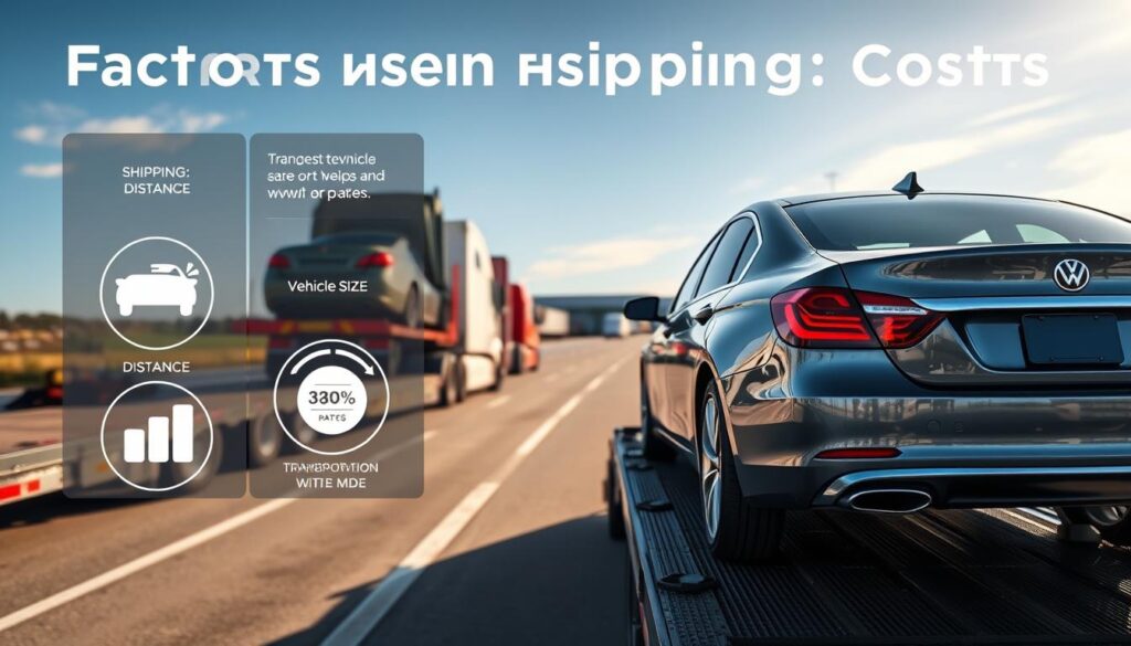 A detailed scene illustrating the factors influencing car shipping costs. In the foreground, showcase a well-maintained car on a transport truck, representing the vehicle being shipped. In the middle ground, include visual elements like shipping rates displayed with icons for distance, vehicle size, and transportation mode, perhaps as infographics or charts creatively integrated into the environment. The background features a busy auto transport terminal in Wyoming, Michigan, with clear skies and a picturesque landscape, conveying a professional atmosphere. Use natural lighting to enhance the realism, with a slight tilt-angle perspective to draw the viewer in, evoking a sense of clear insights into the car shipping process. Focus on creating a balanced and informative visual representation without text or distractions.