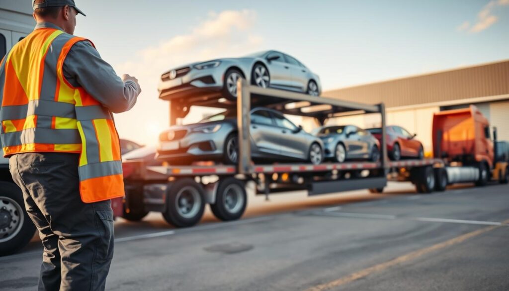 A detailed scene illustrating the vehicle transport process, focusing on a car being loaded onto an auto transport truck. In the foreground, a professional worker in a safety vest directs the loading process, ensuring everything is secure. The middle ground features an articulated transport truck with multiple cars, showcasing various models, all clean and well-maintained. In the background, a bustling transport yard in Melvindale, Michigan, with clear skies and soft sunlight illuminating the scene, adding a warm and productive atmosphere. Shot from a low angle to emphasize the scale of the truck and the cars, with a slightly blurred background to bring attention to the loading process. A detailed scene illustrating the vehicle transport process, focusing on a car being loaded onto an auto transport truck. In the foreground, a professional worker in a safety vest directs the loading process, ensuring everything is secure. The middle ground features an articulated transport truck with multiple cars, showcasing various models, all clean and well-maintained. In the background, a bustling transport yard in Melvindale, Michigan, with clear skies and soft sunlight illuminating the scene, adding a warm and productive atmosphere. Shot from a low angle to emphasize the scale of the truck and the cars, with a slightly blurred background to bring attention to the loading process.