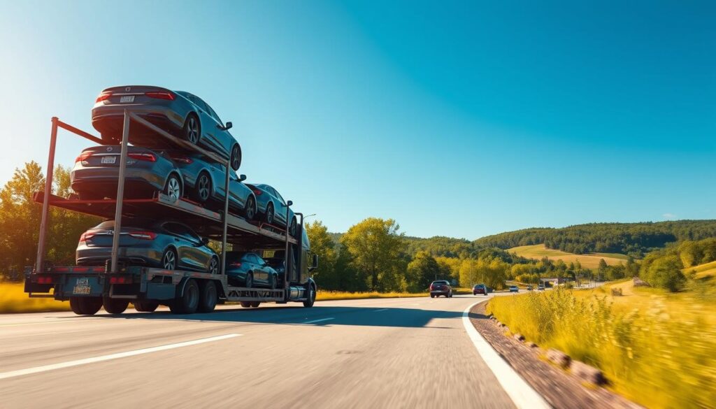 A detailed scene illustrating the vehicle transportation process, featuring a large auto transport truck on a highway, surrounded by lush green landscapes of Leland, Michigan. In the foreground, cars secured in the truck's upper and lower levels gleam under the bright afternoon sun. The middle ground shows the truck driving confidently, with a clear blue sky overhead. In the background, a picturesque view of lush trees and rolling hills creates a serene atmosphere. The lighting is warm and inviting, capturing the essence of a sunny day. The angle is slightly low, emphasizing the truck’s height and the abundance of vehicles being transported. The mood is professional and efficient, showcasing the organized nature of vehicle shipping. No human subjects are present in the image. A detailed scene illustrating the vehicle transportation process, featuring a large auto transport truck on a highway, surrounded by lush green landscapes of Leland, Michigan. In the foreground, cars secured in the truck's upper and lower levels gleam under the bright afternoon sun. The middle ground shows the truck driving confidently, with a clear blue sky overhead. In the background, a picturesque view of lush trees and rolling hills creates a serene atmosphere. The lighting is warm and inviting, capturing the essence of a sunny day. The angle is slightly low, emphasizing the truck’s height and the abundance of vehicles being transported. The mood is professional and efficient, showcasing the organized nature of vehicle shipping. No human subjects are present in the image.