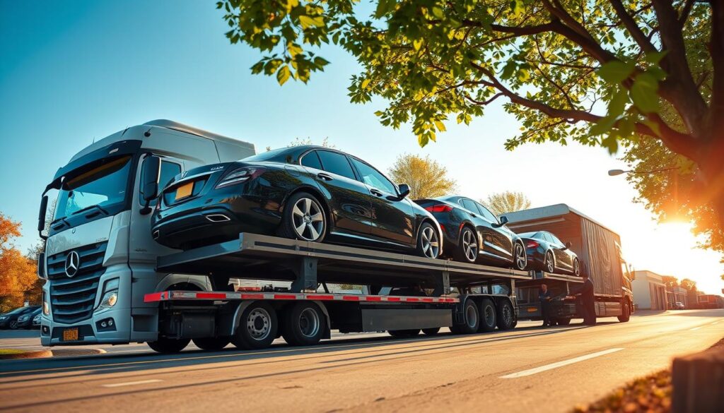A detailed scene of a professional car shipping and auto transport service in Shelby Township, Michigan. In the foreground, a modern car transport truck, carrying sleek vehicles securely, showcases various cars, including sedans and SUVs, clearly visible on its transport platform. In the middle ground, a well-organized auto transport facility with staff members in professional attire, inspecting and preparing vehicles for shipment. Green trees and a blue sky create a pleasant ambiance in the background, reinforcing the suburban feel of Shelby Township. Soft sunlight casts warm, inviting shadows, enhancing the clarity and color of the cars. The perspective is slightly low, capturing the imposing stature of the transport truck, while maintaining a clean, professional atmosphere. The mood is optimistic and efficient, ideal for illustrating reliable transport services.