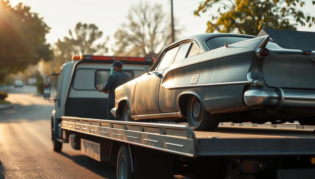 A detailed scene of an inoperable vehicle transport process is depicted in this image. In the foreground, a flatbed tow truck is positioned at a slight angle, with a classic car, visibly showing signs of wear, resting on the bed, emphasizing its inoperable state. In the middle ground, a professional transport technician is inspecting the car, dressed in modest casual clothing, focused on ensuring safety. The background features a suburban street lined with trees and modest houses, bathed in the soft, warm glow of late afternoon sunlight. The atmosphere is practical and calm, highlighting the seriousness of vehicle transport challenges. The angle showcases the truck and the car clearly while retaining depth in the surrounding environment, with natural lighting enhancing the authenticity of the scene.
