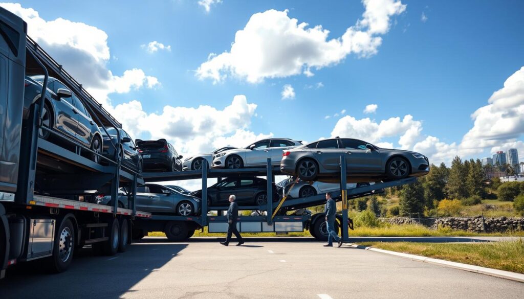 A detailed scene of the auto transport process, featuring a large car carrier truck on a sunny day in Michigan. In the foreground, the truck is loaded with several various car models, including sedans and SUVs, secured with straps. The middle ground showcases a clearly visible loading and unloading area, with workers in professional business attire managing the cars. A bright blue sky and fluffy white clouds create a vibrant atmosphere. The background includes an outline of the Michigan landscape, highlighting trees and a distant view of urban buildings, to emphasize the regional context. Soft, natural lighting enhances the scene, giving it a sense of clarity and professionalism. The composition should be captured from a low angle, giving prominence to the truck and emphasizing its importance in the auto transport process. A detailed scene of the auto transport process, featuring a large car carrier truck on a sunny day in Michigan. In the foreground, the truck is loaded with several various car models, including sedans and SUVs, secured with straps. The middle ground showcases a clearly visible loading and unloading area, with workers in professional business attire managing the cars. A bright blue sky and fluffy white clouds create a vibrant atmosphere. The background includes an outline of the Michigan landscape, highlighting trees and a distant view of urban buildings, to emphasize the regional context. Soft, natural lighting enhances the scene, giving it a sense of clarity and professionalism. The composition should be captured from a low angle, giving prominence to the truck and emphasizing its importance in the auto transport process.