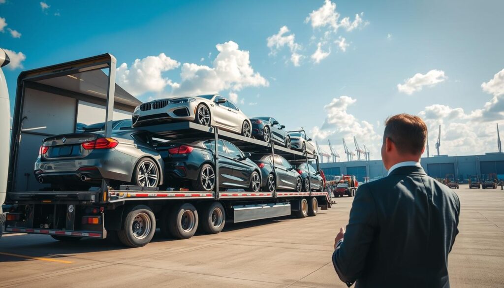 A detailed scene of the vehicle transportation process in an auto transport yard. In the foreground, a professional auto transport driver in business attire inspects a shiny, newly delivered car before loading it onto a multi-car carrier truck. The middle ground depicts the transporter truck, showcasing various vehicles securely strapped for shipment, with a diverse range of cars, including sedans and SUVs, reflecting different colors. The background features a clear blue sky with fluffy white clouds, and a distant view of a bustling transport terminal, with cranes and storage buildings, under bright natural lighting. The atmosphere is efficient and organized, highlighting the importance of careful handling in vehicle transportation. A detailed scene of the vehicle transportation process in an auto transport yard. In the foreground, a professional auto transport driver in business attire inspects a shiny, newly delivered car before loading it onto a multi-car carrier truck. The middle ground depicts the transporter truck, showcasing various vehicles securely strapped for shipment, with a diverse range of cars, including sedans and SUVs, reflecting different colors. The background features a clear blue sky with fluffy white clouds, and a distant view of a bustling transport terminal, with cranes and storage buildings, under bright natural lighting. The atmosphere is efficient and organized, highlighting the importance of careful handling in vehicle transportation.