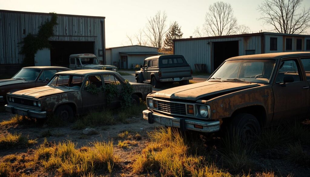 A detailed scene showcasing a variety of inoperable vehicles scattered in an open lot, with a focus on a rusted sedan on the foreground, its tires flat and body dented. In the middle ground, include an abandoned pickup truck partially covered in ivy, symbolizing neglect. In the background, a dilapidated garage is seen, with peeling paint and a half-crushed door, hinting at a forgotten past. The lighting is soft, casting gentle shadows that evoke a sense of melancholy, as the warm glow of a setting sun illuminates the scene from the side. The atmosphere is serene yet somber, encapsulating the theme of vehicles that have become relics of opportunity. Use a wide-angle lens for depth and texture, capturing the rust details and the surrounding overgrown grass.
