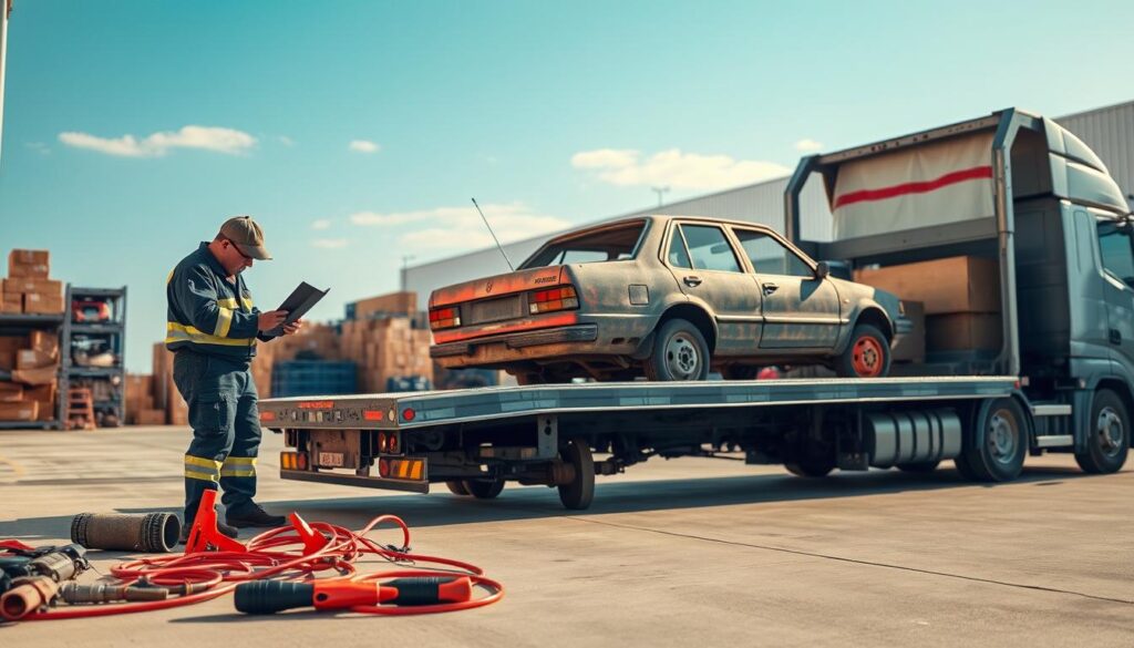 A detailed scene showcasing the process of shipping a car with a dead battery. In the foreground, a mechanic in professional attire is examining the car's hood, surrounded by tools and battery jump cables. In the middle ground, a flatbed truck is prepared, featuring bright safety markings, ready to load the non-operational car. The car itself has a visibly old and dusty exterior, indicating its dead battery status. In the background, a clear blue sky highlights a serene warehouse environment with boxes and car parts, emphasizing logistics. Soft, natural lighting casts gentle shadows to create a professional atmosphere. The overall mood conveys a sense of preparation and diligence in shipping a vehicle safely.
