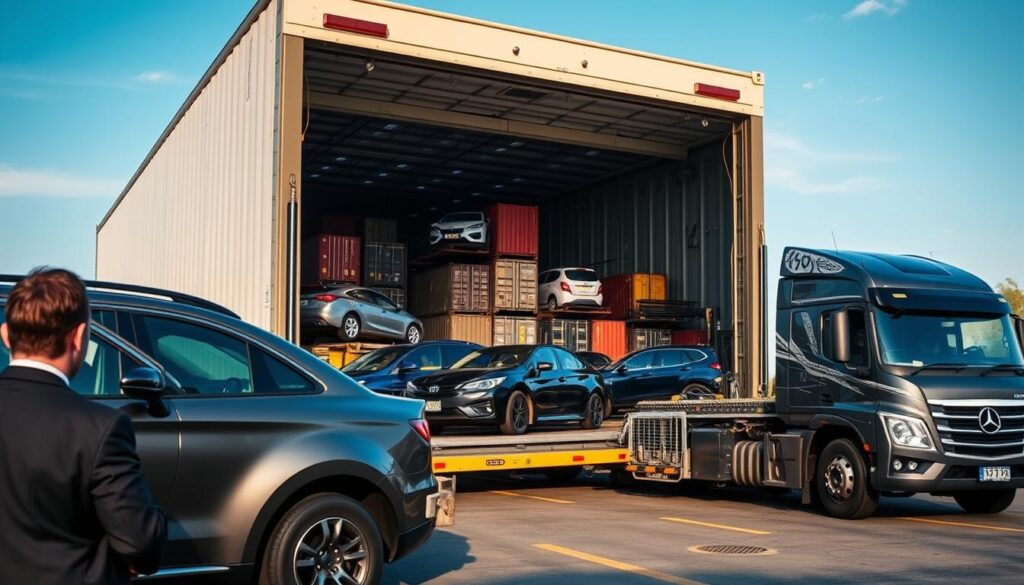 A detailed scene showcasing vehicle logistics for auto transport. In the foreground, professional logistics personnel in business attire oversee a fleet of shiny automobiles being loaded onto large transport trucks, demonstrating organization and efficiency. The middle layer features a well-organized loading dock with cargo containers and forklifts in motion, indicating a bustling environment. In the background, a clear blue sky provides natural lighting, enhancing the scene’s vibrancy. The angle is slightly elevated, capturing the entire operation, with focus on the dynamics of vehicle movement. The atmosphere is industrious yet calm, reflecting a sense of professionalism and order in vehicle shipping logistics.
