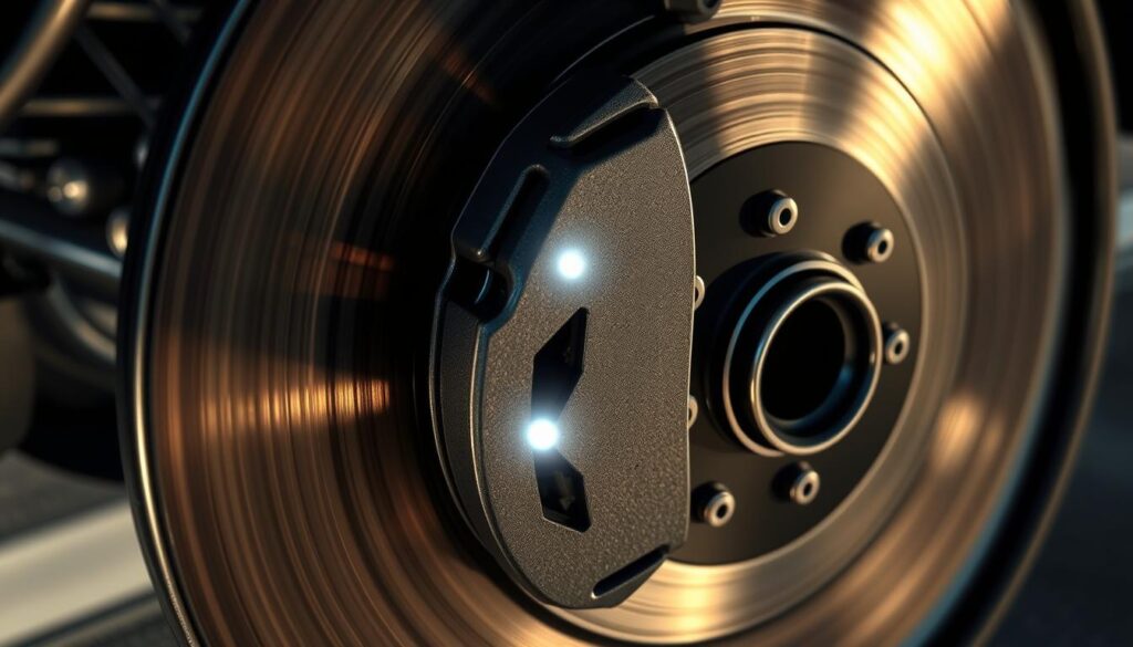 A detailed technical illustration of the mechanics of brake shudder, focusing on a close-up view of a disc brake system in action. The foreground features a high-resolution disc brake rotor with visible grooves and surface imperfections, showcasing wear patterns from high-speed use. In the middle ground, brake pads are depicted in contact with the rotor, demonstrating friction and heat generation with subtle glow effects. The background consists of blurred wheels and tire treads, emphasizing motion. The lighting is dramatic, casting shadows that highlight the details of the brake components, while the image is captured from a low angle to create a dynamic perspective. The mood is intense and technical, conveying the complexity of brake mechanics without any human presence or text elements. A detailed technical illustration of the mechanics of brake shudder, focusing on a close-up view of a disc brake system in action. The foreground features a high-resolution disc brake rotor with visible grooves and surface imperfections, showcasing wear patterns from high-speed use. In the middle ground, brake pads are depicted in contact with the rotor, demonstrating friction and heat generation with subtle glow effects. The background consists of blurred wheels and tire treads, emphasizing motion. The lighting is dramatic, casting shadows that highlight the details of the brake components, while the image is captured from a low angle to create a dynamic perspective. The mood is intense and technical, conveying the complexity of brake mechanics without any human presence or text elements.