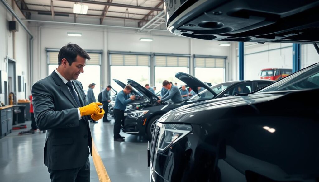 A detailed vehicle inspection scene set in a well-lit auto transport facility in Cheboygan, Michigan. Foreground: an inspector in a professional business attire, wearing safety gloves and checking a vehicle’s tire pressure with a gauge. Middle: a diverse team of inspectors examining different parts of various cars, including engines and chassis, surrounded by inspection equipment like lifts and tools. Background: large garage doors open to reveal a sunny day outside, highlighting the facility’s location. The atmosphere conveys professionalism and thoroughness, with soft but clear lighting that emphasizes the vehicles' details and the inspectors’ focused expressions. Shot from a slightly elevated angle to capture both the inspection process and the overall environment.