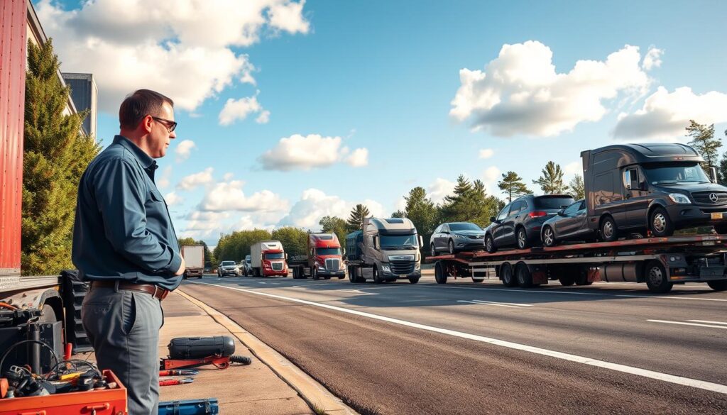 A detailed vehicle transport network scene depicting multiple auto transport trucks on a well-structured highway in Cedar Springs, Michigan. In the foreground, showcase a professional-looking truck driver in business attire, inspecting a loaded vehicle at a transport yard, with tools and equipment neatly arranged around. The middle ground features several auto transport trucks in motion, each carrying various types of vehicles, framed by trees and greenery typical of the Michigan landscape. In the background, a clear blue sky with soft, fluffy clouds enhances the bright, hopeful atmosphere. The scene is well-lit by the afternoon sun, creating a warm glow that emphasizes the professionalism and reliability of the transport services, captured with a wide-angle lens to provide depth and perspective.