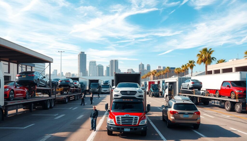 A detailed vehicle transport network scene showcasing a bustling car shipping terminal in Southgate, Michigan. In the foreground, several transport trucks with vehicles loaded onto car carriers, brightly colored cars visible from different angles. The middle ground features a range of transportation logistics elements, such as loading docks, forklifts, and staff in professional attire coordinating the operation. In the background, a clear blue sky with wispy clouds, framed by city buildings and palm trees, conveying an optimistic atmosphere. Soft, natural lighting highlights the vivid colors of the vehicles and the professionalism of the workers, while a slight depth-of-field effect emphasizes the intricacy of the logistics operation, inviting viewers into the world of local auto transport services.