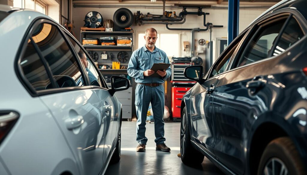 A detailed view of a car in various states of condition, positioned prominently in the foreground. On one side, a well-maintained vehicle with shiny paint and a clean interior reflects quality and care, while on the opposite side, a neglected car with rust patches and a dirty exterior showcases signs of disrepair. In the middle ground, a mechanic evaluating both cars, dressed in professional attire, holds a clipboard, analyzing the conditions with a focused expression. The background features a workshop with tools and spare parts, softly illuminated by natural light filtering through a window, casting gentle shadows. The atmosphere conveys a sense of serious assessment, highlighting the importance of evaluating vehicle condition effectively.