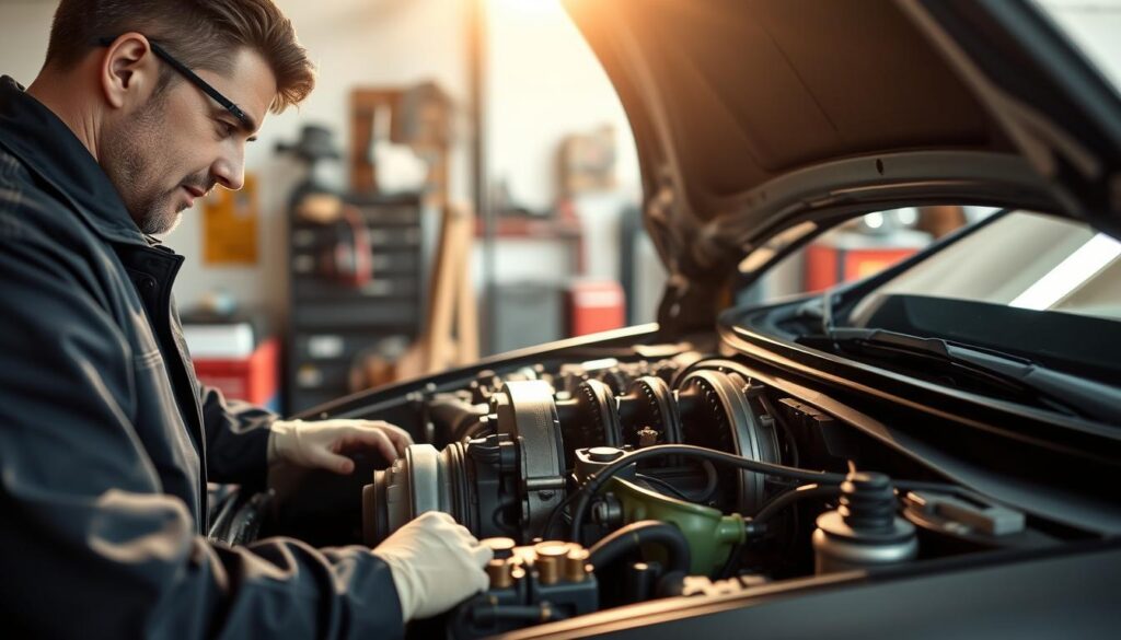 A detailed view of a car with its hood open, showcasing a complex transmission system under a warm, soft daylight. In the foreground, a mechanic in a professional outfit examines the engine, focused with a look of concentration. The middle ground reveals intricate mechanics of the transmission, with gears and cables visible, emphasizing the technical nature of the issue. In the background, a garage setting with tools and car parts creates a realistic automotive atmosphere. The lighting is bright and natural, highlighting the shiny parts of the engine, while casting soft shadows to add depth. The overall mood is one of inquiry and problem-solving, capturing the frustration and curiosity of diagnosing a vehicle's transmission problem.