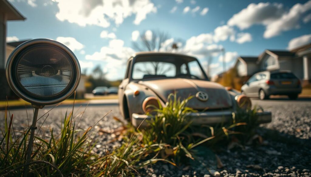 A detailed view of a non-running vehicle, specifically an old, rusted car sitting idle on a gravel driveway. In the foreground, the car's broken headlights and cracked windshield reflect the sunlight, creating a somber mood. The middle ground showcases the vehicle surrounded by overgrown weeds and scattered debris, emphasizing its inoperable state. In the background, a blurred but visible residential area can be seen, with a few other idle cars parked in the distance under a blue sky dotted with soft clouds. The lighting is warm and natural, evoking a sense of nostalgia and abandonment. The scene is shot from a low angle, allowing the viewer to focus on the vehicle's state, while the depth of field draws attention to its details and surroundings. A detailed view of a non-running vehicle, specifically an old, rusted car sitting idle on a gravel driveway. In the foreground, the car's broken headlights and cracked windshield reflect the sunlight, creating a somber mood. The middle ground showcases the vehicle surrounded by overgrown weeds and scattered debris, emphasizing its inoperable state. In the background, a blurred but visible residential area can be seen, with a few other idle cars parked in the distance under a blue sky dotted with soft clouds. The lighting is warm and natural, evoking a sense of nostalgia and abandonment. The scene is shot from a low angle, allowing the viewer to focus on the vehicle's state, while the depth of field draws attention to its details and surroundings.