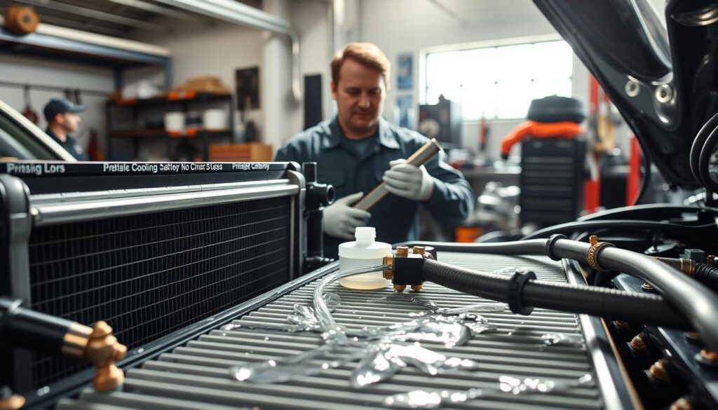 A detailed view of an automotive cooling system, featuring a neatly organized layout of components such as the radiator, coolant reservoir, and hoses, showcased in the foreground. The radiator displays intricate metal fins and connections, while coolant flows visibly through clear tubing. In the middle ground, a mechanic in professional attire is inspecting the system with focused intensity, using a wrench and diagnostic tools. The background features a well-lit garage environment with tools and vehicles, enhancing the technical atmosphere. Natural light filters through a nearby window, creating highlights and shadows that emphasize the details of the cooling system. The overall mood is one of diligence and precision, capturing the essence of automotive maintenance.