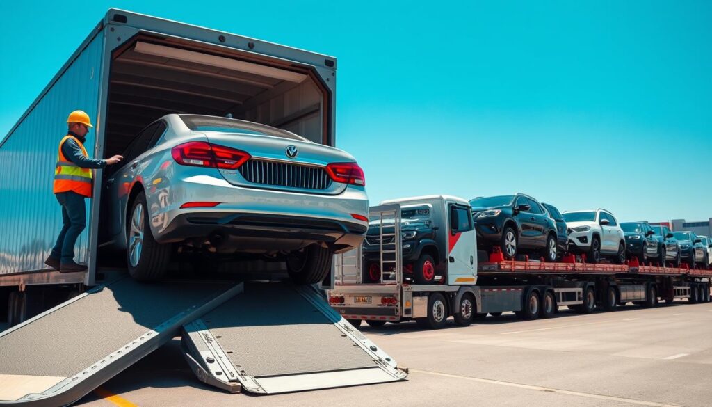 A detailed view of the car shipping process in a bustling auto transport yard. In the foreground, a shiny, newly manufactured car is being loaded onto a ramp truck by a professional in a safety vest and hard hat, showcasing attention to detail and care during loading. In the middle ground, multiple transport trucks lined up, each with vehicles secured on trailers, emphasizing efficiency and organization in vehicle transportation. The background features a clear blue sky, complementing the vibrant colors of the vehicles. The lighting is bright and natural, casting clear shadows that suggest midday. The overall atmosphere is industrious and professional, conveying a sense of reliability and trust in the auto transport process.