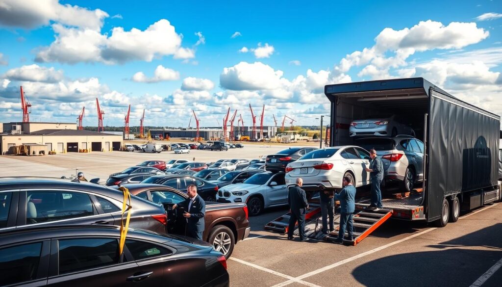 A detailed view of the vehicle shipping process, capturing a busy auto transport terminal in Taylor, Michigan. In the foreground, a variety of vehicles—sedans, trucks, and SUVs—are being loaded onto a large open car carrier. Workers in professional business attire are carefully securing the vehicles with straps. In the middle ground, another car carrier is unloading vehicles onto the pavement, showcasing a process of organized chaos. The background features an industrial landscape with warehouses and cranes, under a bright blue sky with soft white clouds. The lighting is bright and natural, enhancing the vibrant colors of the vehicles and the surroundings. The overall atmosphere conveys efficiency and professionalism in vehicle transportation.