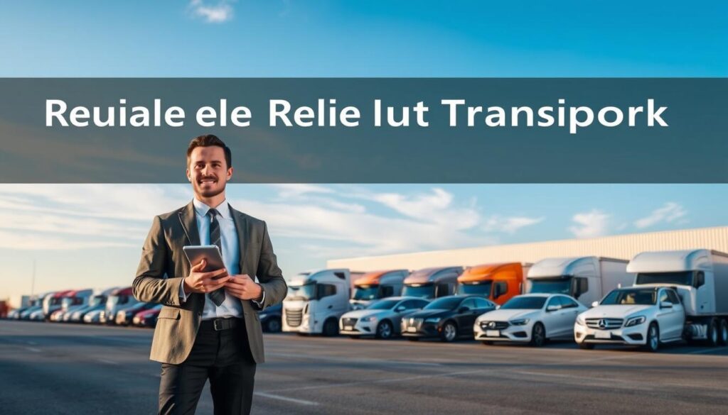 A digitally rendered image illustrating a reliable carrier network for auto transport services in Lincoln Park, Michigan. In the foreground, a professional individual in smart casual attire stands confidently, holding a tablet, symbolizing modern logistics management. The middle ground features a fleet of well-maintained vehicles, including cars and trucks, lined up neatly at a transport facility, showcasing a sense of organization and reliability. In the background, include a clear blue sky with soft sunlight casting gentle shadows, enhancing a mood of trust and dependability. The setting should evoke an atmosphere of professionalism and efficiency, emphasizing the importance of secure auto transport services. Use a wide-angle perspective to capture the entire scene, creating an inviting and industrious feel.
