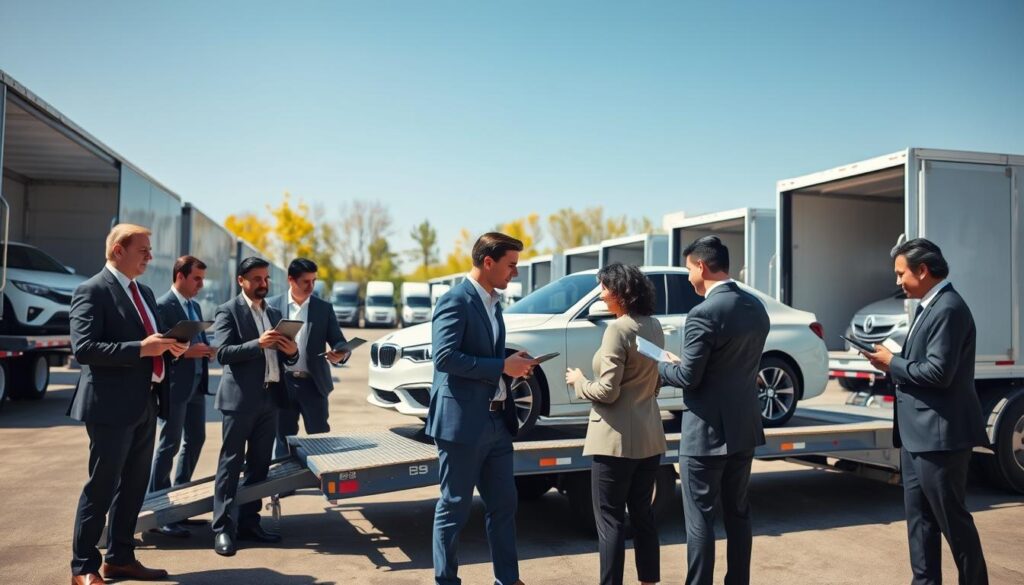 A dynamic auto transport team in action, showcasing a diverse group of professionals in smart business attire, engaging in the logistics of car shipping. In the foreground, a group of three team members is inspecting a white car on a transport trailer, using clipboards and tablets to ensure everything is on schedule. The middle features a large, well-organized transport yard with several open car hauler trucks lined up, ready for shipment. In the background, a clear blue sky and some trees typical of Michigan accentuate the scene, conveying a sense of professionalism and efficiency. The lighting is bright and natural, creating a welcoming atmosphere. Captured from a slightly elevated angle to encompass the entire operation, conveying teamwork and reliability in auto transport services.
