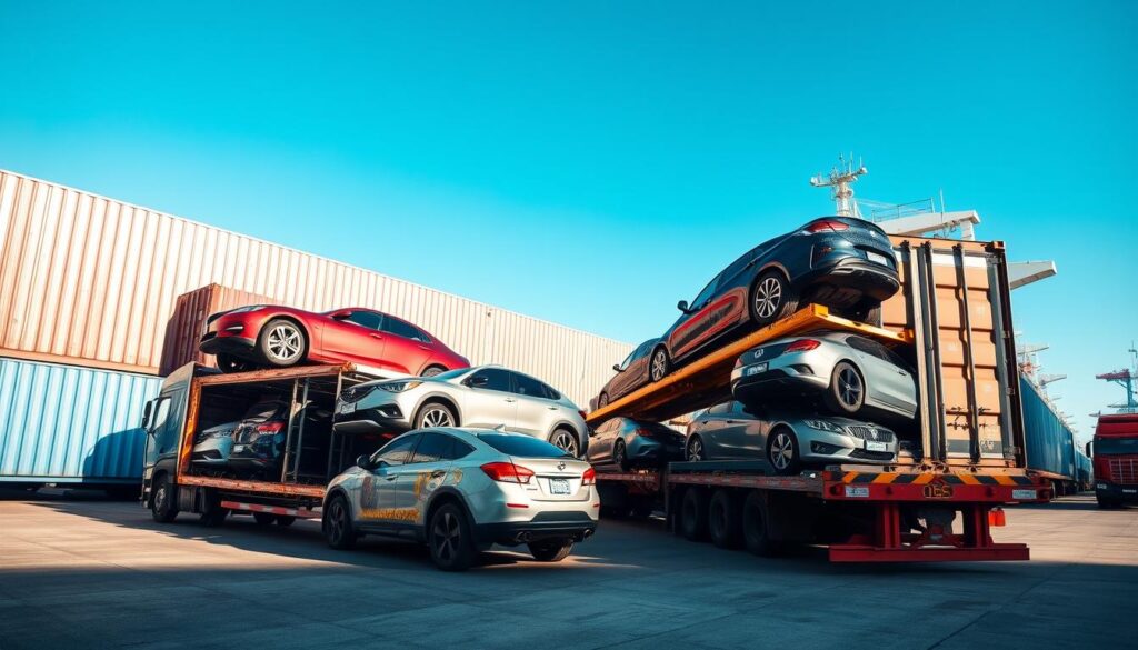 A dynamic car shipping scene set in a busy shipping yard. In the foreground, a large transport truck loaded with various vehicles, including sedans and SUVs, showcases the diversity of cars being shipped. The middle ground features a shipping container, with some vehicles being loaded onto a cargo ship, emphasizing the logistics involved. In the background, a clear blue sky is contrasted by the sheen of the metal containers and trailers, with sunlight glinting off their surfaces, suggesting a warm, busy day. The atmosphere is industrious yet organized, reflecting the complexities that influence shipping costs. The image should utilize a wide-angle lens to capture the scale of the operation, with natural lighting that highlights the vibrant colors of the vehicles and equipment.