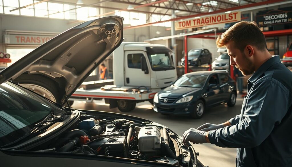 A dynamic composition illustrating the contrasting factors of engine repair versus vehicle transport. In the foreground, a mechanic in professional attire examines an open car hood, surrounded by various tools and engine parts that reflect the intricacies of automotive repair. The middle ground showcases a tow truck and an awaiting car, emphasizing the transport aspect. In the background, a bustling auto shop is visible, filled with machinery and parts, while sunlight streams through the windows, casting dramatic shadows. The overall atmosphere conveys a sense of professionalism and urgency, with a focus on decision-making and cost considerations. The scene should be well-lit, with a wide-angle perspective to capture the depth of the workshop environment.