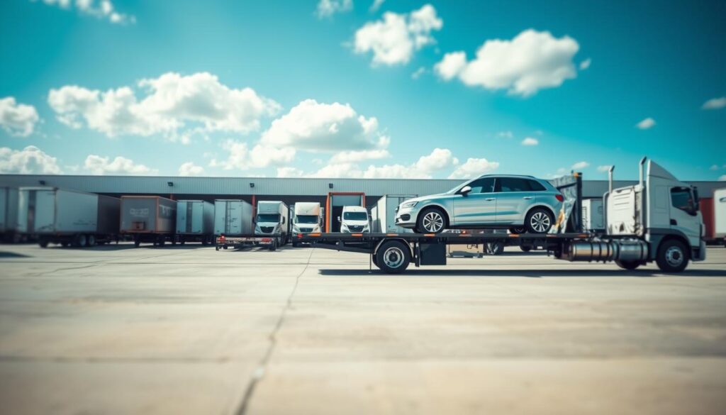 A dynamic composition showcasing a variety of vehicle transport options in Brighton, Michigan. In the foreground, a flatbed truck is loading a car, illustrating the process of auto transport. The middle layer features an elegant view of a transport terminal with multiple types of transport vehicles like enclosed car haulers, open trailers, and a shipping container nearby, all in a busy yet organized manner. The background reveals a clear blue sky with fluffy clouds, hinting at a bright day. Soft lighting creates a professional atmosphere, while a slight depth of field focuses on the flatbed truck, blurring the background slightly to emphasize the action. The overall mood is efficient and reliable, perfect for conveying comprehensive vehicle transport options.
