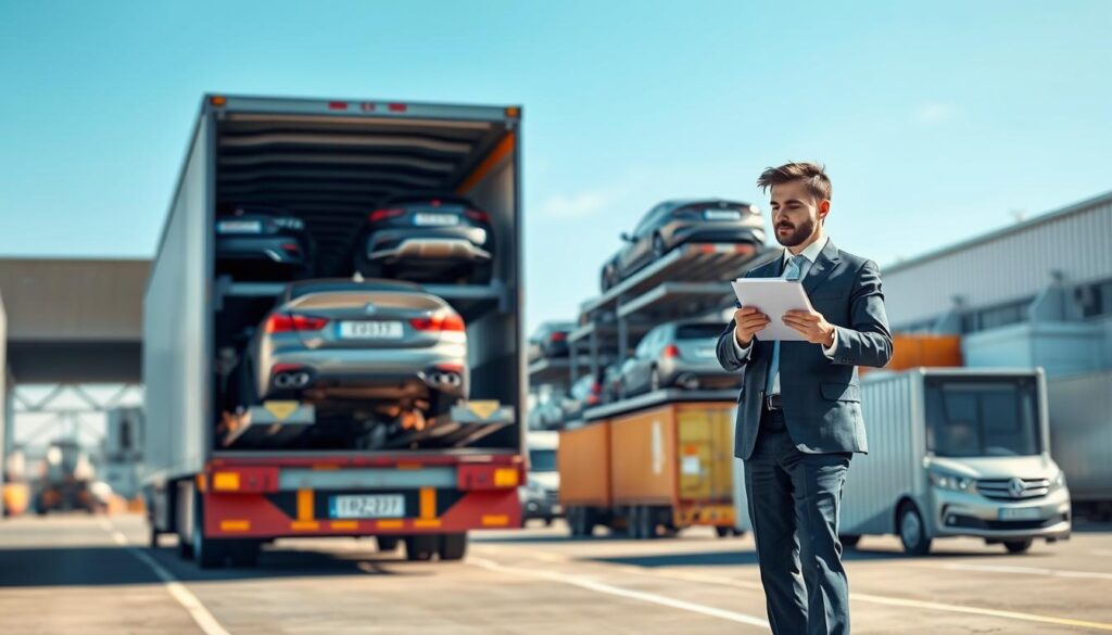 A dynamic illustration of the car shipping process in a busy auto transport terminal. In the foreground, a professional dressed in business attire is inspecting an open car carrier truck, carefully noting details on a clipboard. The middle ground features various vehicles securely loaded on multiple ramps of the carrier truck, highlighting the careful organization of the shipment. In the background, a clear blue sky contrasts with the metallic surfaces of the vehicles and shipping containers. Soft, natural daylight enhances the scene, creating an optimistic and efficient atmosphere. The perspective is slightly angled to capture the depth of the transport terminal, emphasizing the scale and importance of the auto transport industry. The overall mood is one of professionalism and precision, reflecting the thoroughness of the car shipping process.