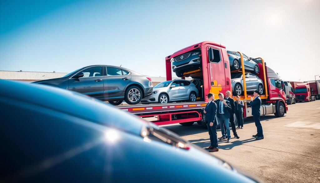 A dynamic image depicting a car shipping scene featuring a transport truck loading multiple vehicles onto its flatbed. In the foreground, focus on the truck, showcasing its robust design and vibrant colors. A few sedans and SUVs are visible, captured mid-loading, with their hoods gleaming under the sunlight. In the middle ground, a group of professional workers in business attire coordinate the logistics, demonstrating teamwork and expertise. The background should feature a clear blue sky and an industrial setting, with a car shipping yard and other transport vehicles, hinting at the scale of automotive transport. The lighting is bright and natural, with a focus on clarity and professionalism, evoking trust and reliability in the car shipping industry. No text or branding present.