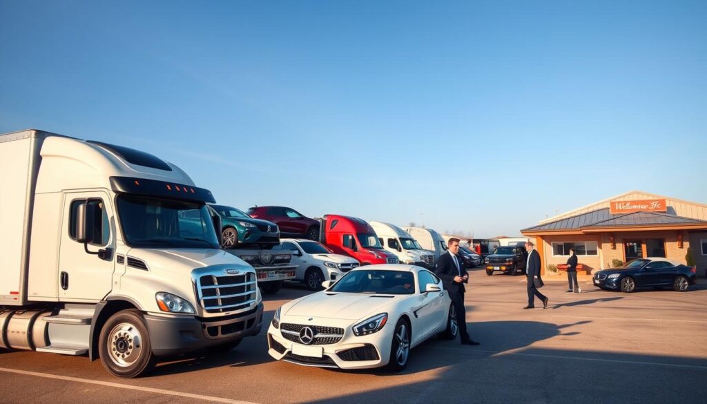 A dynamic scene capturing the essence of top-rated vehicle shipping firms in Riverview, Michigan. In the foreground, a clean, modern auto transport truck is parked, showcasing a lineup of diverse vehicles ready for shipping—luxury cars, SUVs, and classic models. The middle ground features a professional business environment, with individuals in smart business attire discussing logistics and plans. In the background, a clear blue sky complements a bustling shipping yard with additional trucks and a small office building displaying a welcoming atmosphere. Soft, natural lighting bathes the scene, creating a vibrant and efficient mood. The angle is slightly elevated, offering an expansive view of the operation, highlighting the professionalism and reliability of the firms.