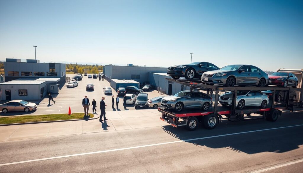 A dynamic scene capturing the vehicle transportation process in Westland, Michigan, focusing on a multi-car transport truck in the foreground, loaded with various vehicles like sedans and SUVs. The middle ground features a bustling auto transport yard with professionals in business attire coordinating logistics, surrounded by office buildings and parked cars. In the background, a clear blue sky bathes the scene in bright, natural sunlight, creating an efficient and organized atmosphere. Use a slightly elevated angle to emphasize the scale of the transport truck and the activity in the yard. The overall mood is one of professionalism and reliability, highlighting the systematic nature of vehicle shipping.