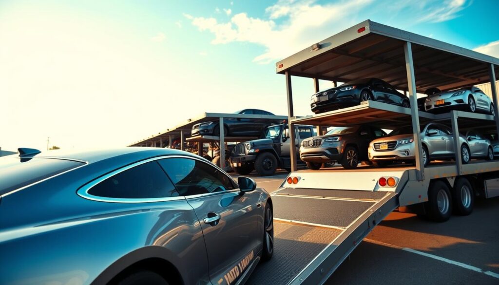 A dynamic scene depicting professional car shipping in Albion, Michigan. In the foreground, a sleek, modern car is positioned on an open car carrier, showcasing its pristine condition. The middle ground features a well-organized auto transport yard with several car carriers lined up, loaded with diverse vehicles ready for shipping. The background includes a clear blue sky with soft afternoon sunlight casting gentle shadows, creating a warm, inviting atmosphere. Use a wide-angle lens to capture the scale of the transport operation, highlighting the professionalism of the service. The overall mood should convey efficiency and reliability in the auto transport industry. No human subjects are present, ensuring a clean and focus-driven composition.
