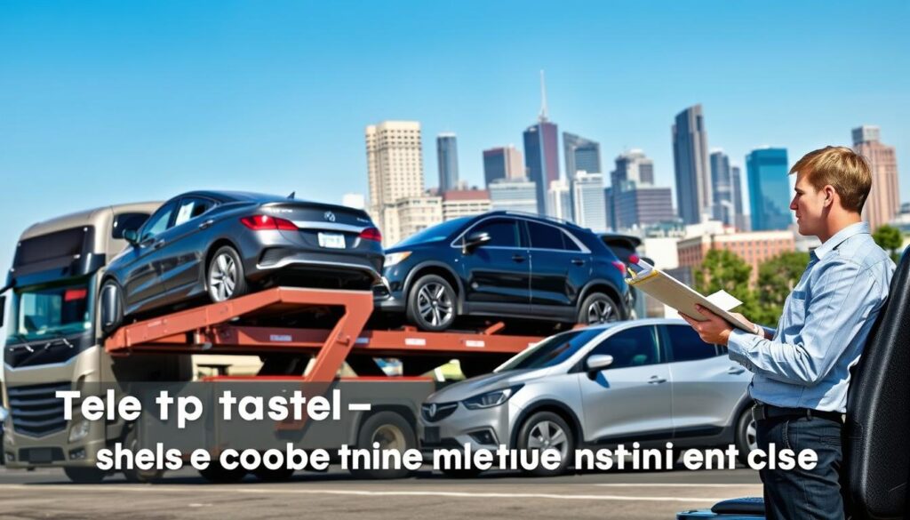 A dynamic scene depicting the top-rated auto transport companies serving Melvindale, Michigan. In the foreground, a modern, well-maintained transport truck loaded with shiny vehicles, showcasing a mix of sedans and SUVs. The driver, dressed in professional attire, is reviewing paperwork on a clipboard. The middle ground features a professional office setting, with a friendly customer service representative assisting a client. In the background, a clear blue sky over the bustling Melvindale skyline, highlighting key local landmarks. The lighting is bright and natural, evoking a positive, reliable atmosphere. The composition is framed with a moderately wide-angle lens to capture both vehicle transport and the urban environment harmoniously.