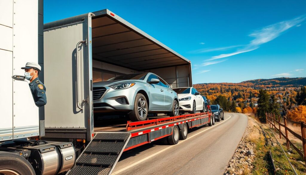 A dynamic scene depicting the vehicle transport process in Petoskey, Michigan. In the foreground, a professional truck driver wearing a uniform carefully loads a car onto an enclosed transport trailer, showcasing modern transport equipment. The middle ground features a diverse array of vehicles loaded and secured on the trailer, highlighting various makes and models. In the background, a picturesque landscape of Petoskey is visible, with trees and autumn foliage under a clear blue sky. The lighting is bright and natural, suggesting a sunny day, while the angle is slightly elevated to capture the entire transport operation. The mood is organized and efficient, reflecting a reliable vehicle shipping service. No text or logos present.