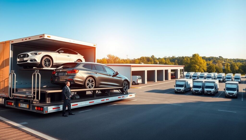 A dynamic scene illustrating a car shipping service in Haslett, Michigan. In the foreground, feature a sleek transport truck loaded with various vehicles, including an SUV and a compact car, showcasing a professional driver in business attire, inspecting the load. The middle ground displays an organized car shipping facility with clear labeling and signage, while a fleet of transport vehicles is lined up, ready for loading. In the background, capture the vibrant greenery of Michigan, with a clear blue sky and soft, natural lighting illuminating the entire scene. Use a slightly elevated perspective or a wide-angle lens to give depth and context to the environment, conveying a sense of professionalism and efficiency in auto transport services.