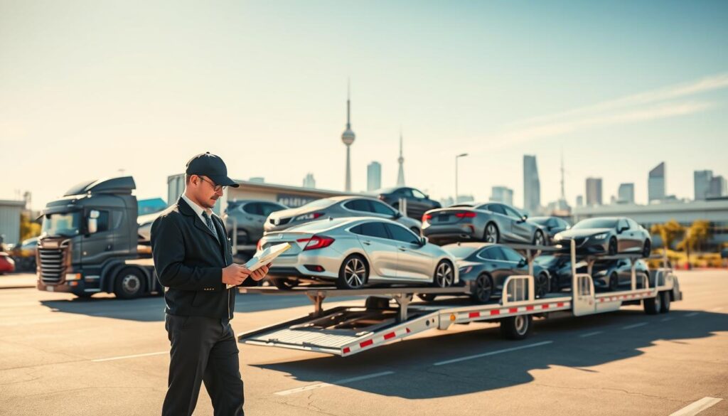 A dynamic scene illustrating reliable vehicle delivery in a bustling auto transport setting. In the foreground, a professional delivery driver, dressed in a smart uniform, stands beside a sleek, shiny car on a transport truck, checking off a delivery checklist. The middle ground features a modern car transport truck filled with assorted vehicles, showcasing a mix of sedans and SUVs, meticulously secured and ready for transit. In the background, Clinton Township's recognizable landmarks emerge under a clear blue sky, with soft sunlight casting gentle shadows, accentuating the professional atmosphere. The image captures a sense of trust and efficiency, inviting viewers to feel reassured about the car shipping process. Natural lighting enhances the scene, while a slightly elevated angle gives a comprehensive view of the delivery operation, reflecting an organized and professional transport service.
