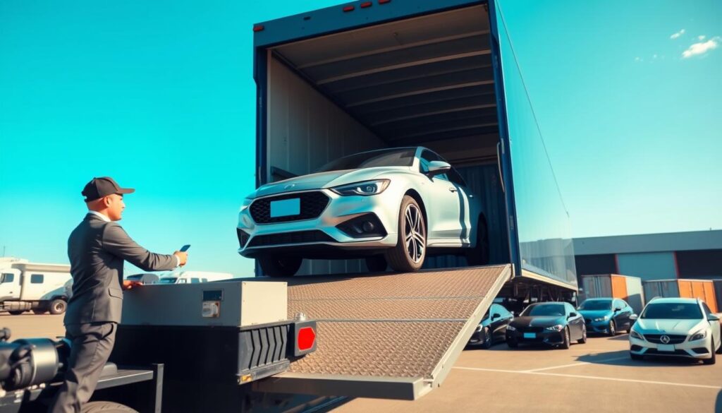 A dynamic scene illustrating the vehicle transportation process, featuring a sleek car being loaded onto an open trailer. In the foreground, a professional truck driver in business attire carefully secures the vehicle, demonstrating expertise and attention to detail. The middle ground includes a variety of vehicles lined up, ready for transport, showcasing different makes and models. The background captures a clear blue sky and a transportation hub with loading docks and shipping containers, emphasizing logistics. The lighting is bright and natural, casting soft shadows that highlight the scene's activity. A wide-angle perspective enhances the depth, building an atmosphere of efficiency and professionalism in auto transport. The overall mood is industrious yet organized, reflecting the meticulous nature of vehicle shipping.