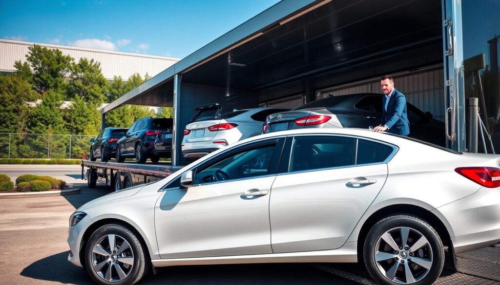 A dynamic scene of a professional auto transport service in action. In the foreground, a sleek, modern car being carefully loaded onto a shiny, open car carrier truck, manned by an experienced driver in smart casual attire, showcasing a confident and professional demeanor. In the middle ground, multiple vehicles securely positioned on the transport truck, highlighting a variety of cars, including sedans and SUVs. The background features a well-maintained industrial yard with greenery and clear blue skies, indicating a sunny day. The image is captured with a wide-angle lens to emphasize the scale of the service. Soft natural lighting casts gentle shadows, creating an inviting and trustworthy atmosphere. The overall mood conveys efficiency and reliability, reflecting the essence of professional transport services.