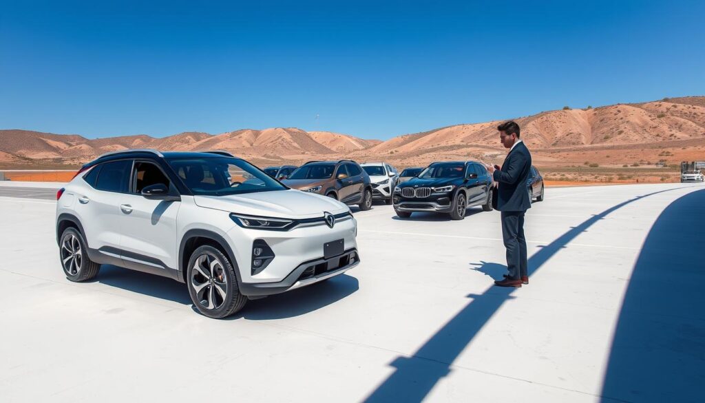 A dynamic scene of compact SUVs undergoing rigorous testing in a facility. In the foreground, a sleek, modern SUV is being evaluated on a smooth, well-lit test track, showcasing its stylish design and performance features. In the middle ground, several SUVs of different models are lined up, surrounded by professional testers in business attire, taking notes and observing the vehicles closely. The background features a sprawling automotive testing facility with various terrains, including hills and unpaved paths, under clear blue skies and natural daylight. The mood is focused and professional, highlighting the precision and care involved in evaluating modern compact vehicles. The camera angle captures the action from a low perspective, emphasizing the vehicles' strength and reliability.
