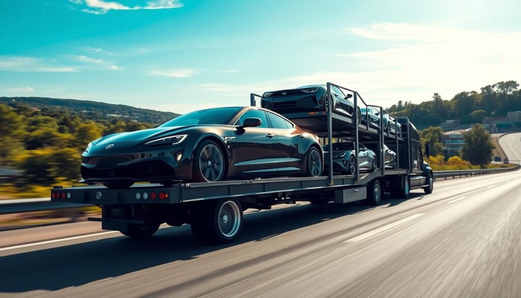 A dynamic scene of vehicle transport with a focus on a car carrier truck, prominently positioned in the foreground, showcasing several shiny, luxury cars securely loaded. The middle ground features a scenic backdrop of Cadillac, Michigan, with lush greenery and subtle hints of urban architecture, evoking a sense of place. The background boasts a clear blue sky with soft, diffused sunlight illuminating the scene, creating a warm and inviting atmosphere. The angle captures the truck at a slight elevation, emphasizing its height and the automobiles it carries. The mood conveys efficiency and professionalism, reflecting the comprehensive nature of vehicle transport services. Ensure no people are present in the image for a clean, focused look on the transport vehicles. A dynamic scene of vehicle transport with a focus on a car carrier truck, prominently positioned in the foreground, showcasing several shiny, luxury cars securely loaded. The middle ground features a scenic backdrop of Cadillac, Michigan, with lush greenery and subtle hints of urban architecture, evoking a sense of place. The background boasts a clear blue sky with soft, diffused sunlight illuminating the scene, creating a warm and inviting atmosphere. The angle captures the truck at a slight elevation, emphasizing its height and the automobiles it carries. The mood conveys efficiency and professionalism, reflecting the comprehensive nature of vehicle transport services. Ensure no people are present in the image for a clean, focused look on the transport vehicles.