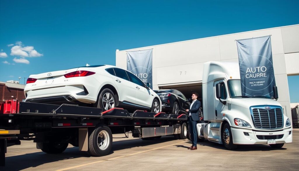 A dynamic scene showcasing a professional auto transport service in Dearborn, Michigan. In the foreground, a well-maintained car carrier truck loaded with pristine vehicles, highlighting attention to detail and care. In the middle ground, a professional driver in business attire discusses logistics with a client beside the truck, conveying trust and reliability. The background features a clean, organized loading dock with large banners subtly promoting auto transport services, along with a clear blue sky above creating an inviting atmosphere. The lighting is bright and natural, emphasizing a sense of professionalism and efficiency. The angle is slightly elevated, capturing the full scale of the operation while focusing on the interaction between the driver and client, embodying the essence of reliable car shipping.