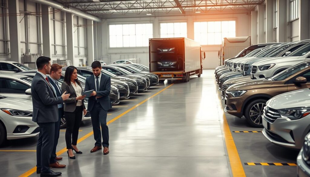 A dynamic vehicle logistics process scene set in a modern auto shipping facility. In the foreground, a diverse group of professionals, dressed in smart business attire, collaborate over a digital tablet while overseeing the loading of cars onto an open transport truck. The middle ground features neatly lined rows of various vehicles, clean and polished, ready for shipment, and an auto transport truck prominently displaying its cargo. The background showcases a bright, industrial space with large windows letting in natural light, enhancing the organized environment. The atmosphere conveys efficiency and professionalism, with soft focus on the workers while maintaining sharpness on the vehicles, captured with a wide-angle lens to emphasize the scale of the operation.