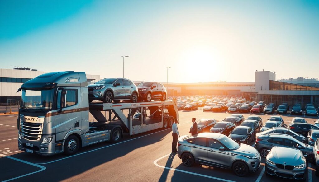 A dynamic vehicle transport network scene, showcasing a professional car shipping operation. In the foreground, a gleaming auto transport truck loaded with various vehicles, reflecting sunlight. In the middle ground, an organized logistics hub with employees in professional attire discussing key shipment details by a map and dispatching orders. The background features an expansive parking lot filled with cars awaiting transport, framed by modern buildings under a bright blue sky. The image should have bright, natural lighting to convey clarity and professionalism, captured from a slightly elevated angle to emphasize the scale and coordination of the transport operations. The overall mood is one of efficiency, reliability, and expert service in vehicle shipping.