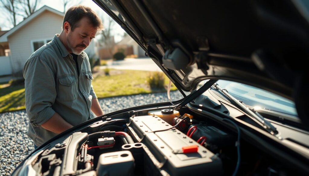 A frustrated driver, dressed in modest casual clothing, stands beside a car with hood open, examining the battery. Bright afternoon sunlight casts shadows, highlighting the driver's concerned expression. In the foreground, the open hood reveals a detailed view of the car's engine and battery connections, showcasing visible corrosion and wiring issues. In the middle ground, the driver closely inspects the battery terminals, while tools are scattered nearby, emphasizing the attempt to troubleshoot the problem. The background features a gravel driveway with a blurry view of a suburban home, creating a relatable, everyday setting. The overall mood is tense yet hopeful, capturing the moment of inquiry into the reasons behind the car's failure to start after a jump attempt. A frustrated driver, dressed in modest casual clothing, stands beside a car with hood open, examining the battery. Bright afternoon sunlight casts shadows, highlighting the driver's concerned expression. In the foreground, the open hood reveals a detailed view of the car's engine and battery connections, showcasing visible corrosion and wiring issues. In the middle ground, the driver closely inspects the battery terminals, while tools are scattered nearby, emphasizing the attempt to troubleshoot the problem. The background features a gravel driveway with a blurry view of a suburban home, creating a relatable, everyday setting. The overall mood is tense yet hopeful, capturing the moment of inquiry into the reasons behind the car's failure to start after a jump attempt.