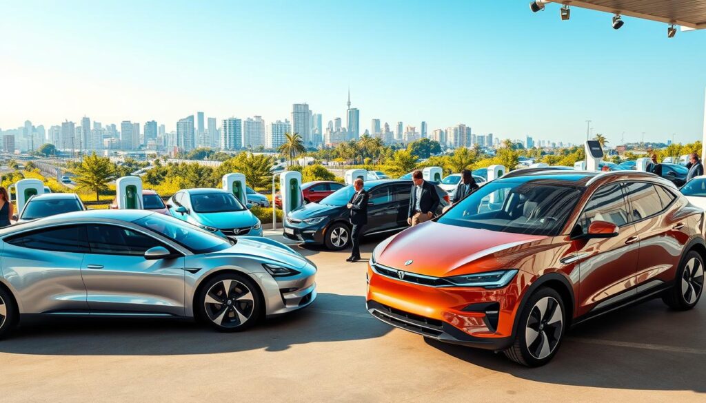 A futuristic electric vehicle market scene in 2026, showcasing a diverse array of sleek and modern electric cars in various colors and styles. In the foreground, display two stylish electric cars, one a sporty coupe and the other a family-friendly SUV, both gleaming under bright sunlight. The middle ground features a vibrant urban cityscape with charging stations and greenery, suggesting eco-friendliness and innovation. The background highlights a clear blue sky, emphasizing a clean and sustainable future. Use a wide-angle perspective to capture the bustling activity of people in professional attire examining the vehicles and interacting with digital displays. The atmosphere should feel optimistic and forward-looking, with warm lighting that enhances the sense of progress in the electric vehicle landscape.