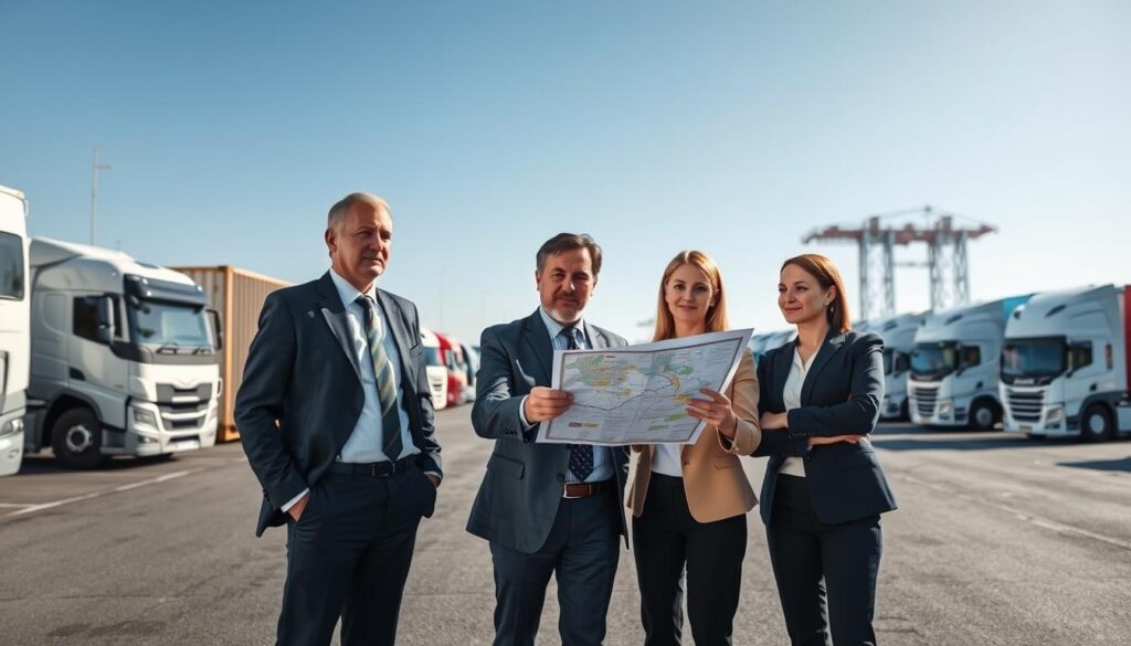A group of vehicle logistics experts standing confidently in a busy auto transport yard, surrounded by various trucks and cars ready for shipping. Foreground: three professionals in smart business attire, with a middle-aged man pointing at a logistics map and two women discussing delivery routes, all displaying focused expressions. Middle: a mix of modern transport vehicles, including enclosed car carriers and shipping containers, with a smooth asphalt surface. Background: a clear blue sky and a distant loading dock with cranes, capturing a sense of a well-organized logistics operation. Soft natural lighting illuminates the scene, creating a productive yet collaborative atmosphere. The camera angle is slightly elevated to showcase the expansive transport yard while highlighting the teamwork among the experts.