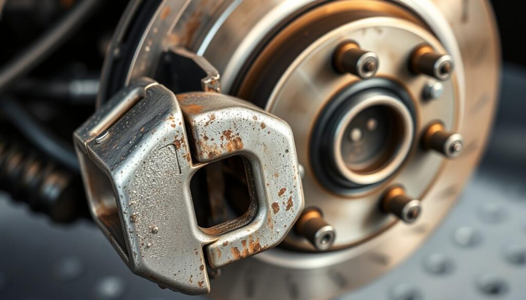 A highly detailed close-up image of a sticking caliper, prominently placed in the foreground, showcasing its metallic surface with signs of wear and dust. The caliper is partially open, revealing the brake pads and rotor behind it. The background features a blurred vehicle brake system, with attention to brake lines and disc brakes, creating a sense of depth. Soft, diffused lighting highlights the metallic textures while casting gentle shadows, giving a realistic look. The angle is slightly tilted to emphasize the caliper's functionality, and the overall mood is technical and informative, aiming to convey precision and expertise in automotive repair.