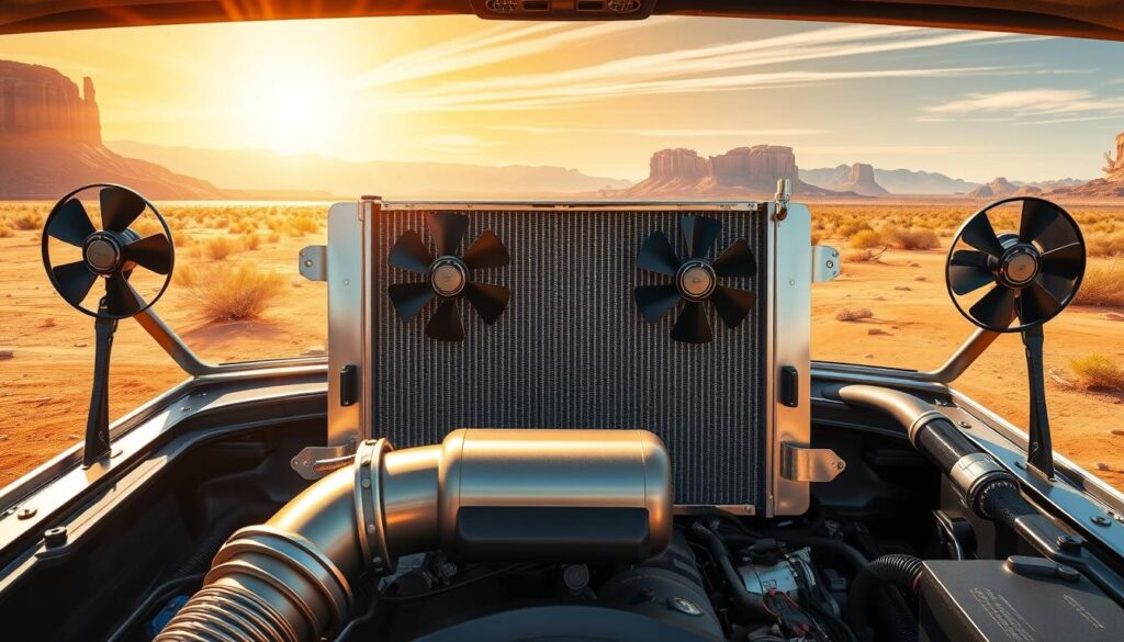 A highly detailed illustration of a radiator airflow cooling system in action, showcasing the intricate components such as the radiator, fans, and hoses positioned prominently in the foreground. The middle ground displays a car engine bay, highlighting the radiator's connection to the engine and cooling vents. In the background, a sun-drenched desert landscape typical of Arizona, with heat waves visible, enhances the urgency of the cooling system's function. The image should have a bright, high-contrast lighting that reflects the harsh sunlight of a hot state, emphasizing reflections and shadows on the metallic surfaces. The mood should be technical and informative, designed for an educational article about car maintenance and overheating prevention.